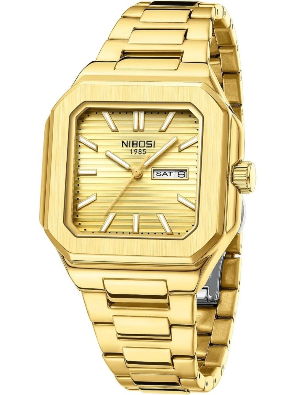 Nibosi Men's Gold Analog Quartz Stainless Steel Waterproof Date Square Watch
